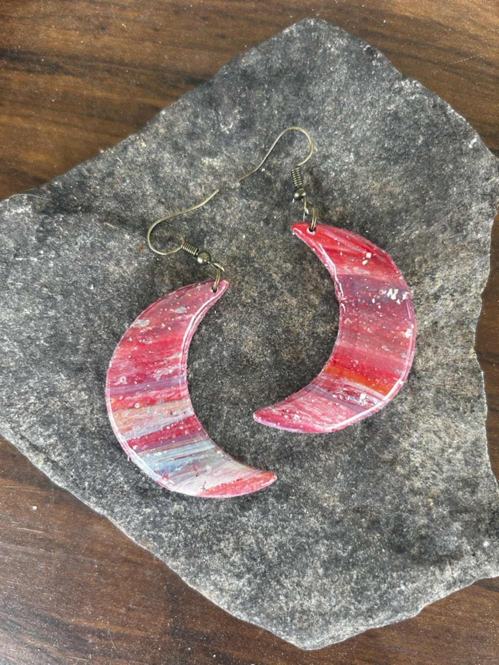 Hand Crafted Pink-Red Crescent Moon Earrings